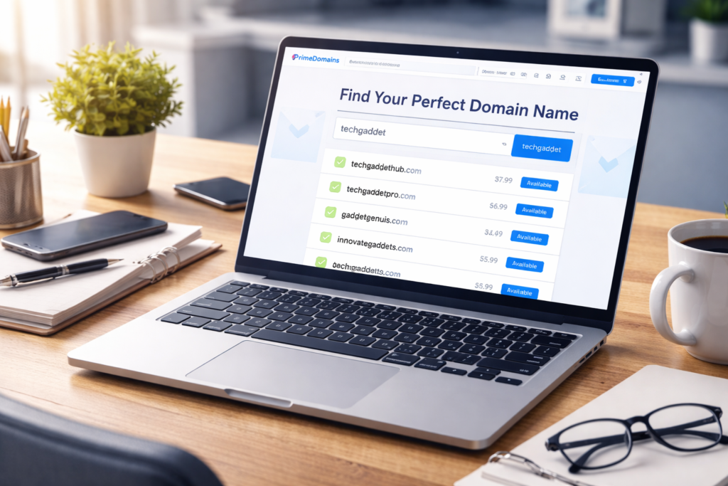 modern workspace with domain search tool
