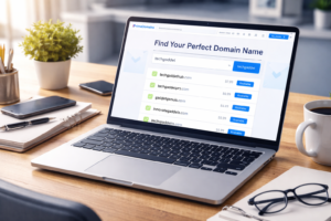 modern workspace with domain search tool