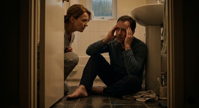 An exhausted middle-aged husband sitting on the bathroom floor holding his head while his worried wife comforts him due to severe night fatigue.